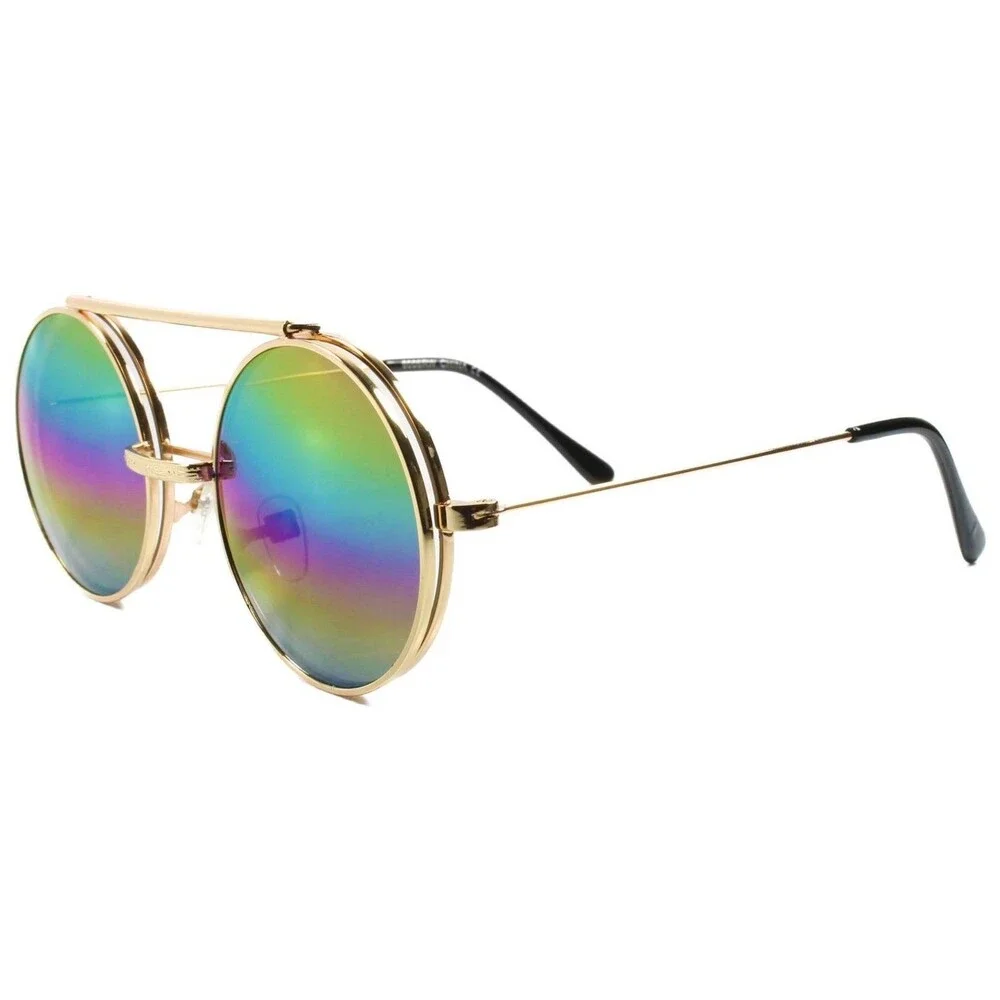 Vintage Retro Hip Steampunk Gold Rainbow Mirrored Lens Round Circle Sun Glasses